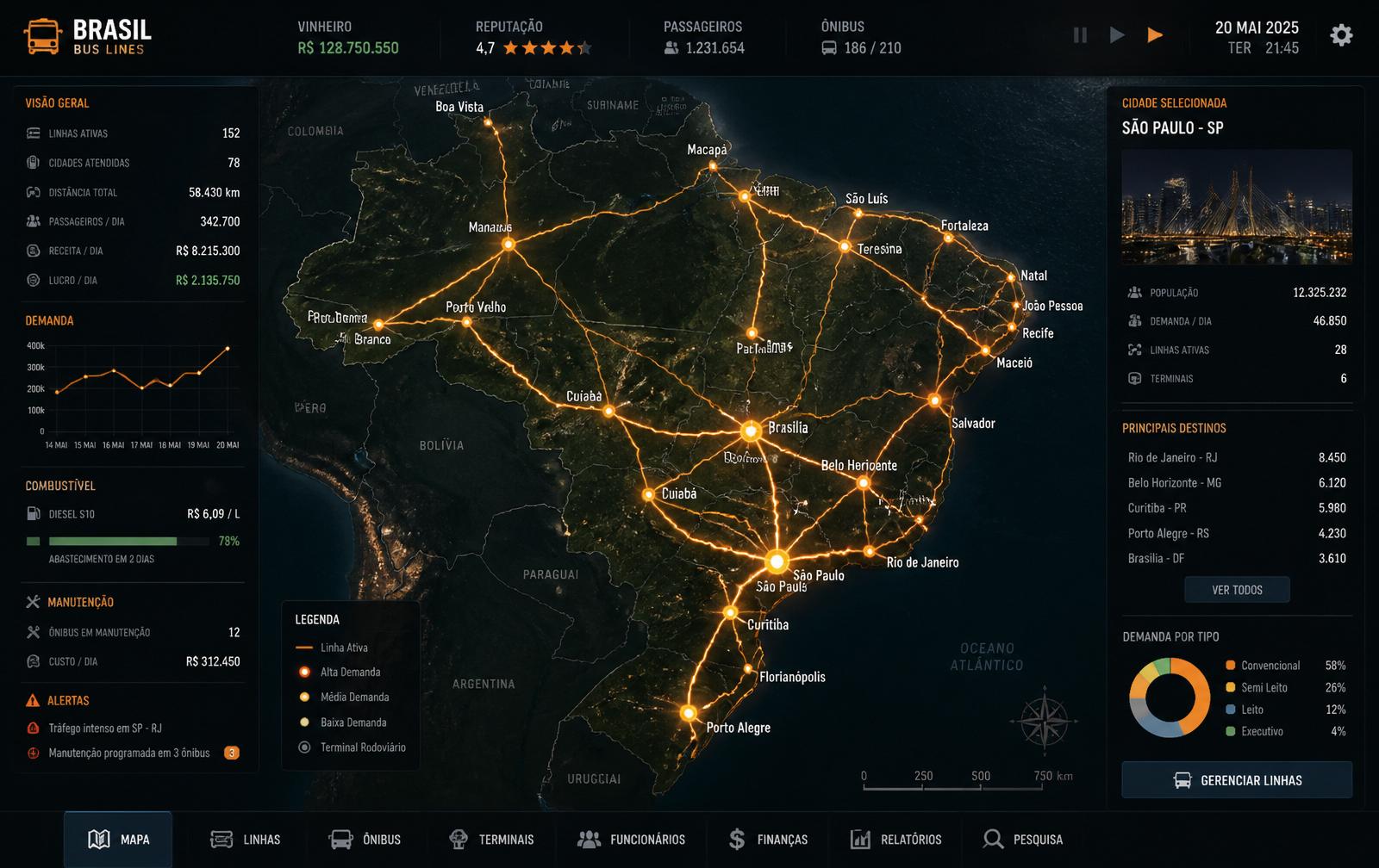 Mapa estratégico do Brasil com rotas de ônibus iluminadas