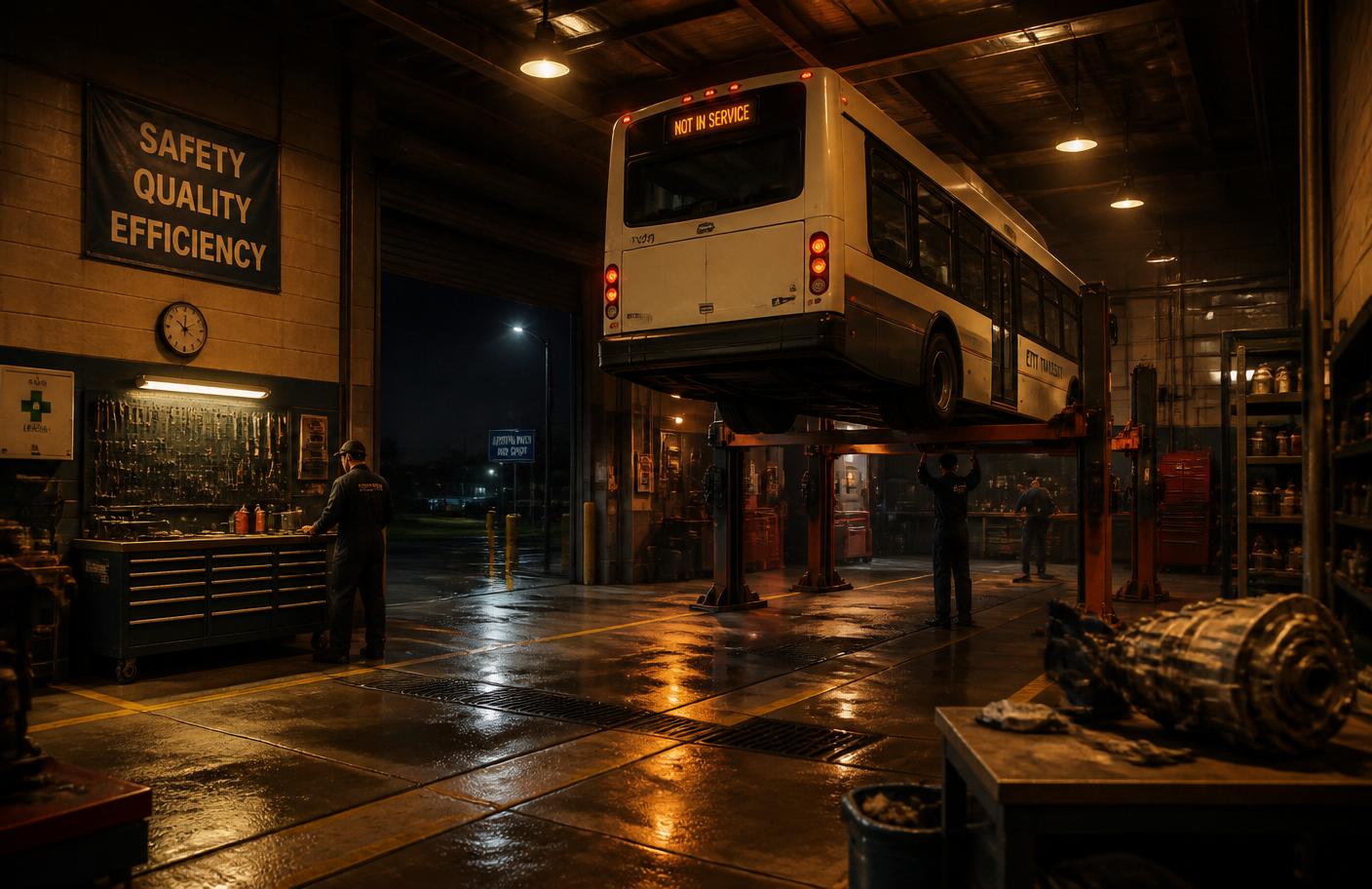 Ônibus elevado em oficina mecânica noturna